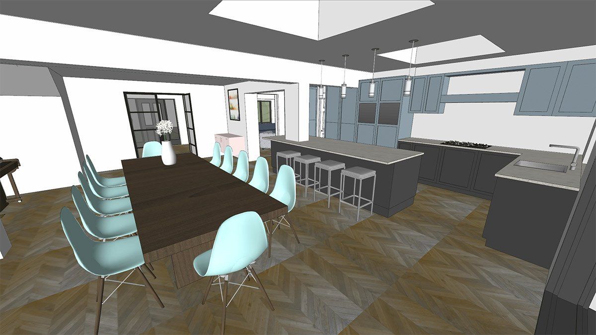 virtual view of kitchen and dining area