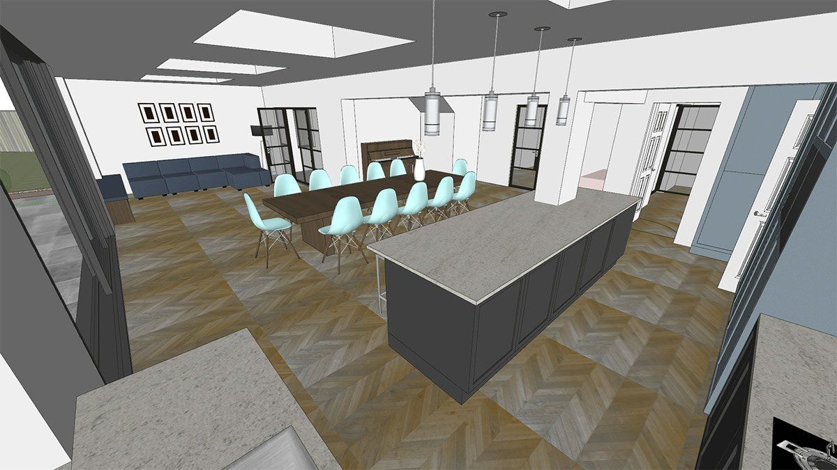 virtual view of kitchen island and dining area