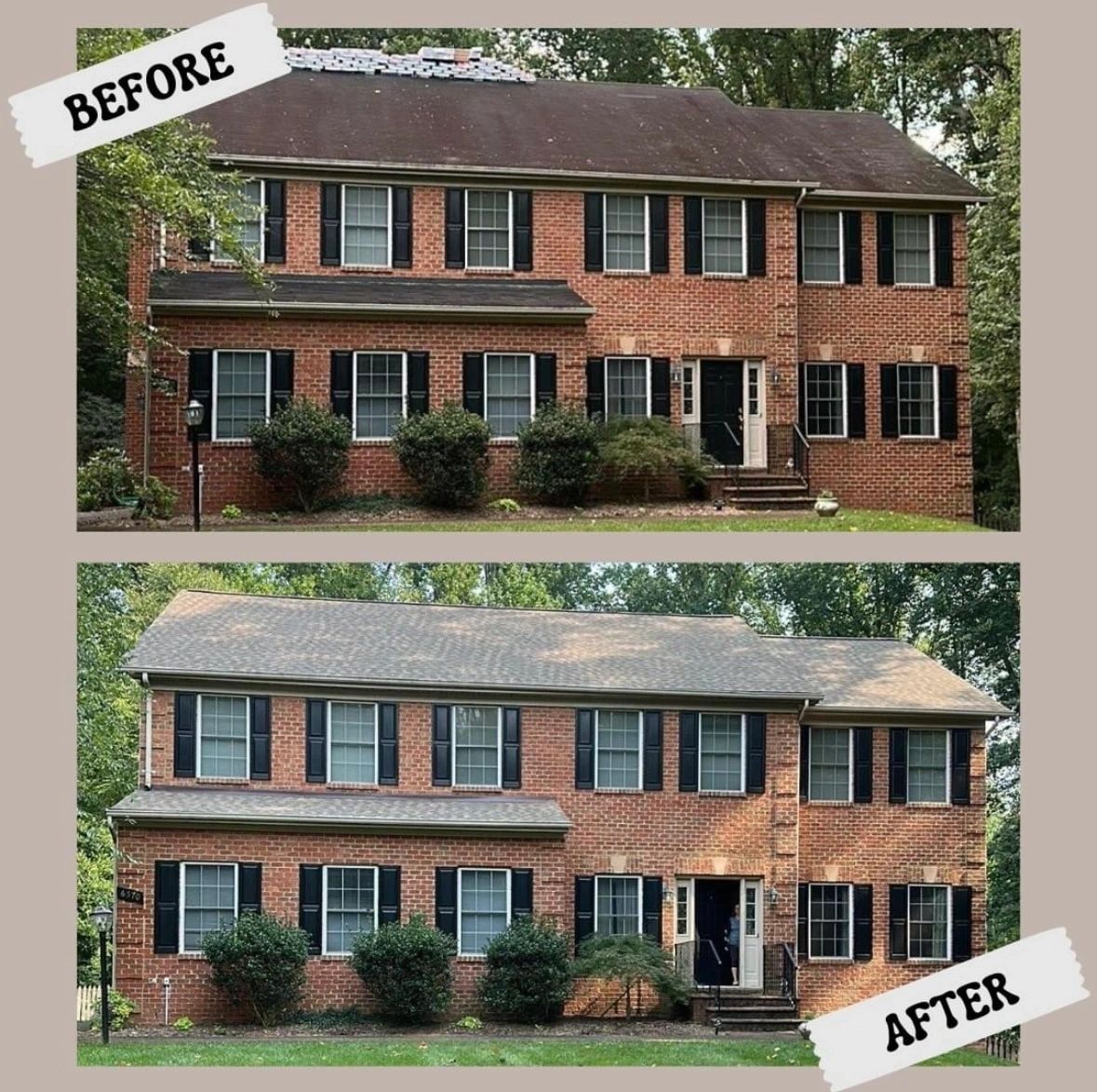 A Before And After Picture Of A Brick House With Black Shutters - Ravenna, Ohio - PRCA
