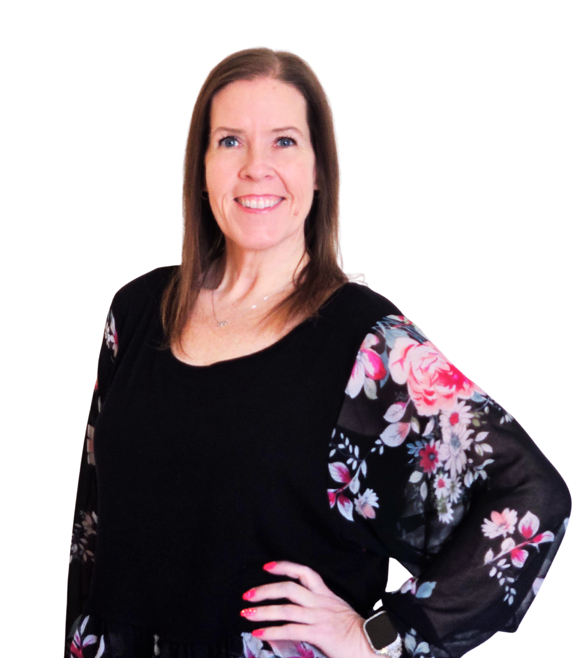 Woman smiling, wearing black top and standing against white back drop. 