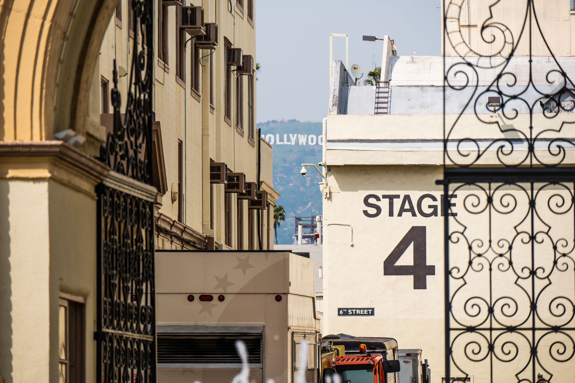 view of hollywood sign through paramount gates