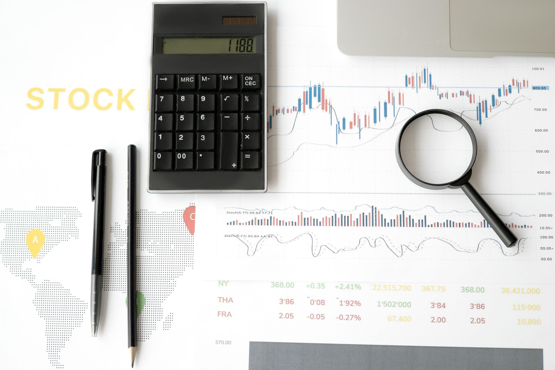 Stock chart on paper with calculator, pen, and magnifying glass on a desk