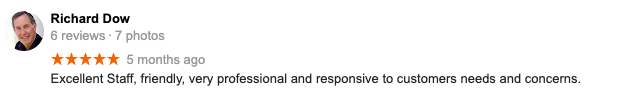Customer review card with Richard Dow, 5-star rating, and text praising friendly, responsive service.