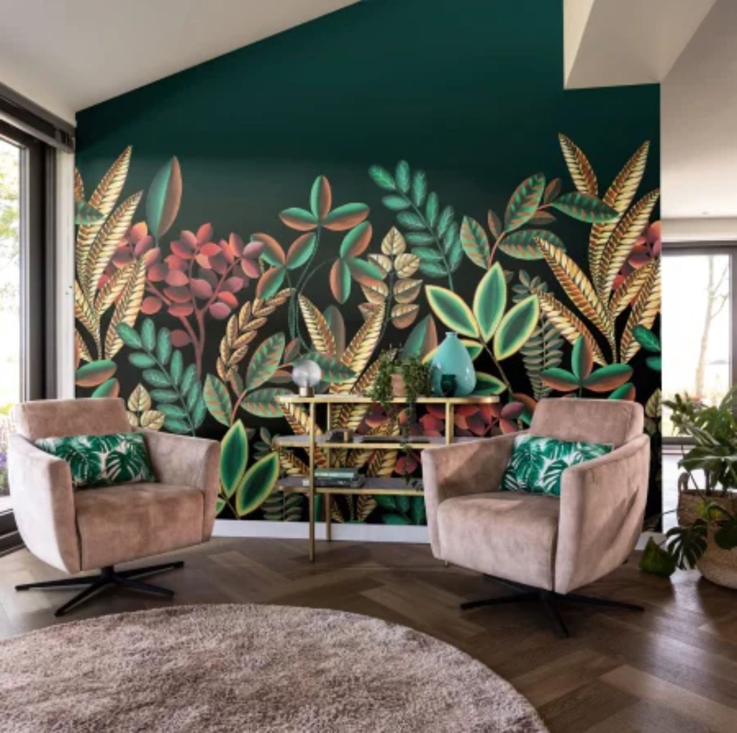 Two brown swivel chairs face a botanical mural. Green, gold, and pink leaves adorn the dark teal wall.