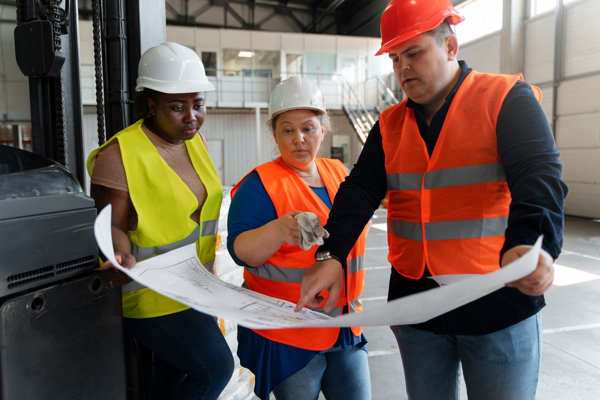 A group of construction workers are looking at a blueprint in a warehouse.