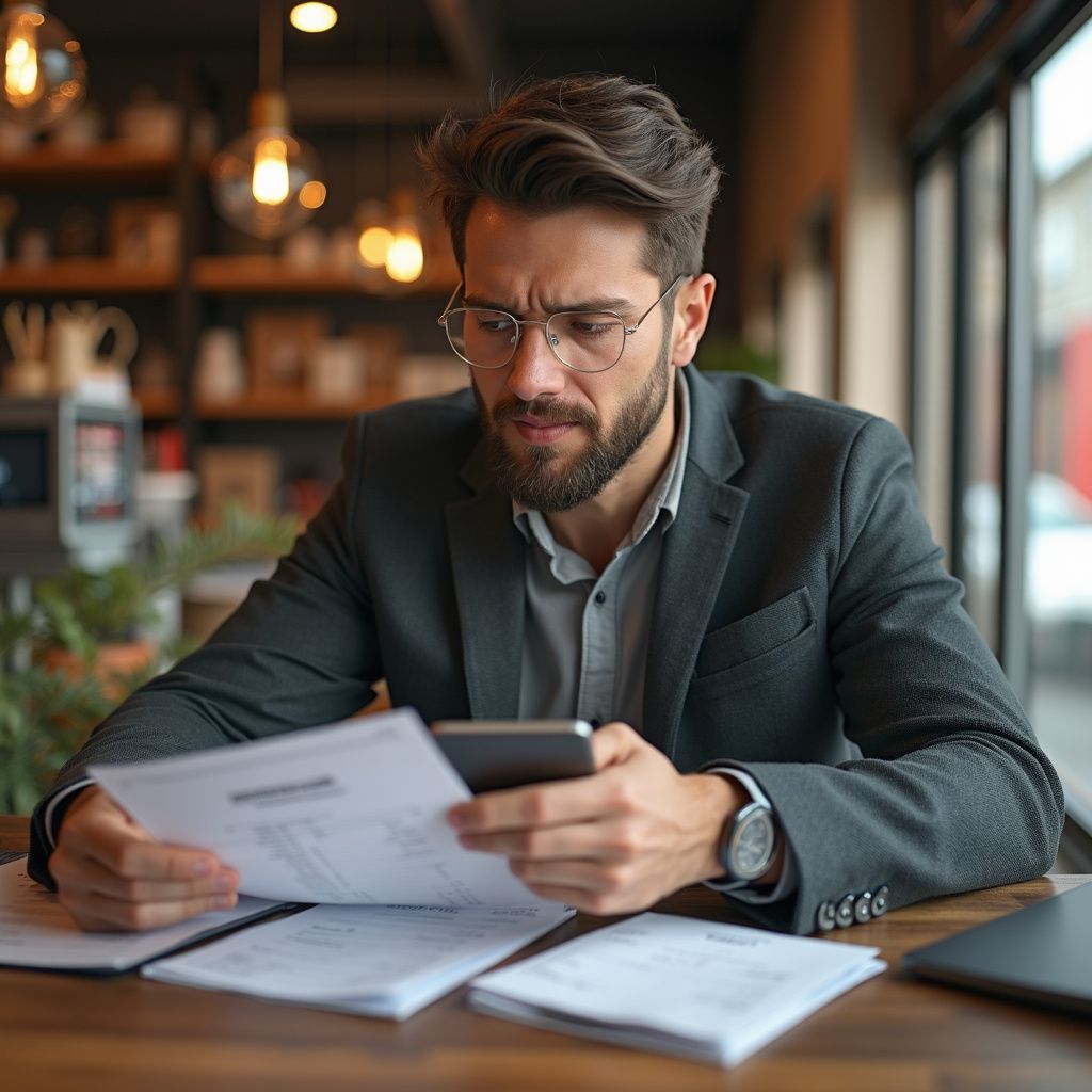 Man in suit, glasses, frowning, looking at papers and phone at a table indoors.
