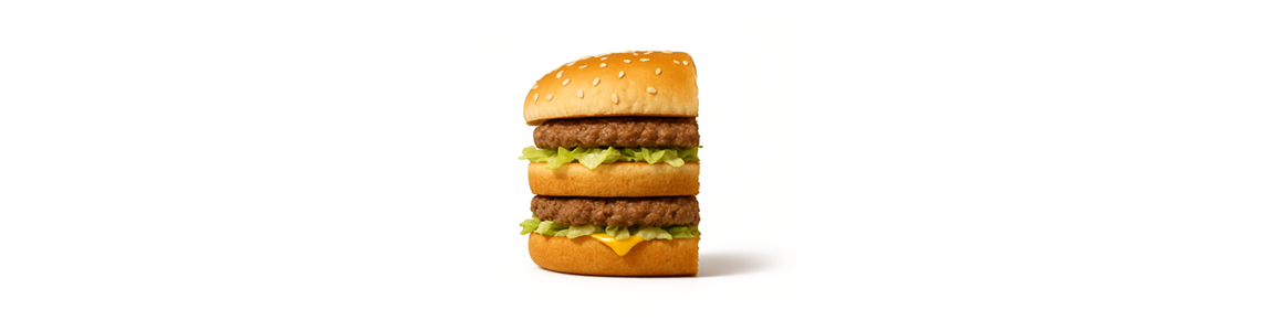 A Big Mac burger cut in half on a white background.