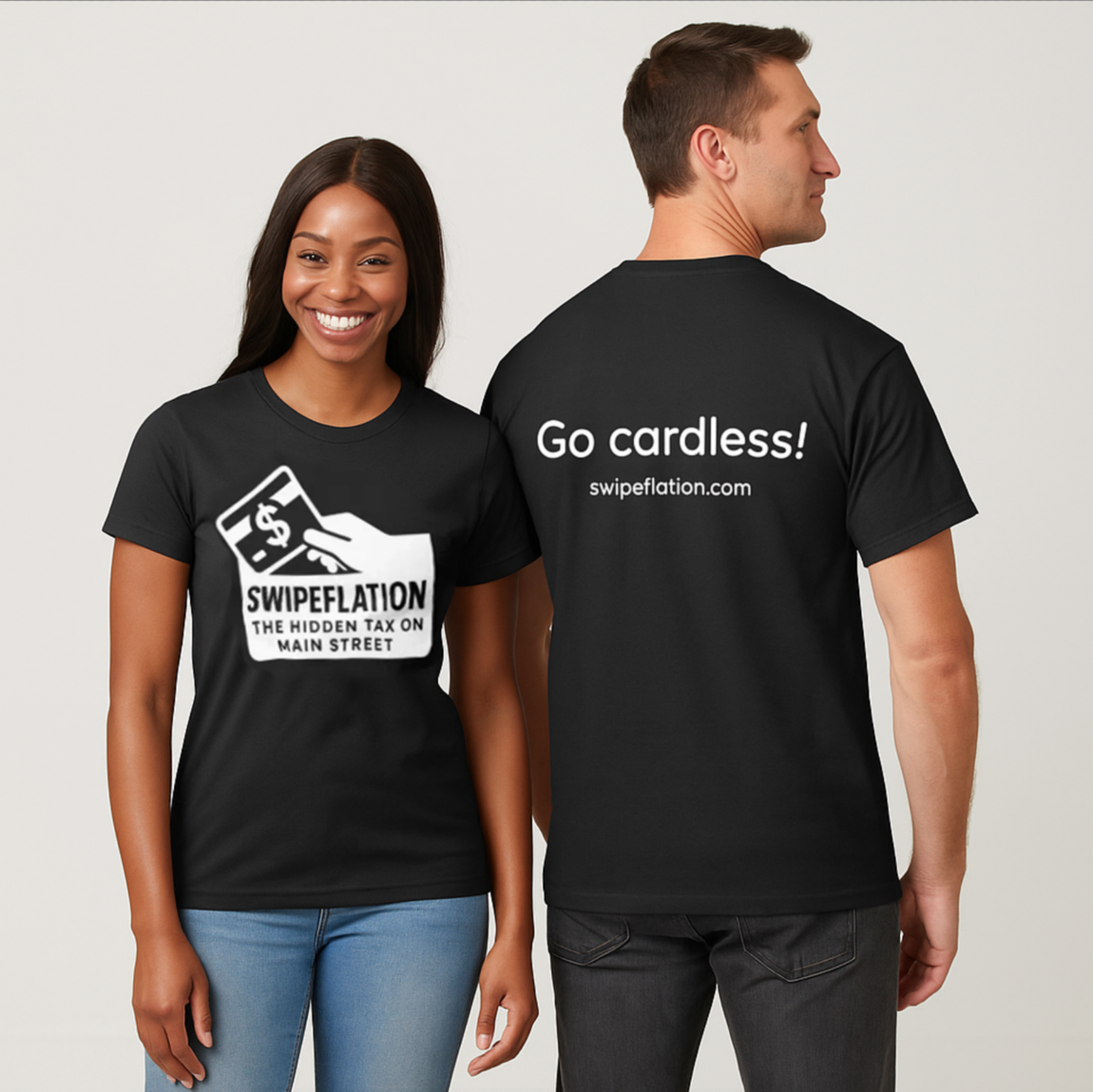 Woman and man wearing black t-shirts. Front t-shirt has