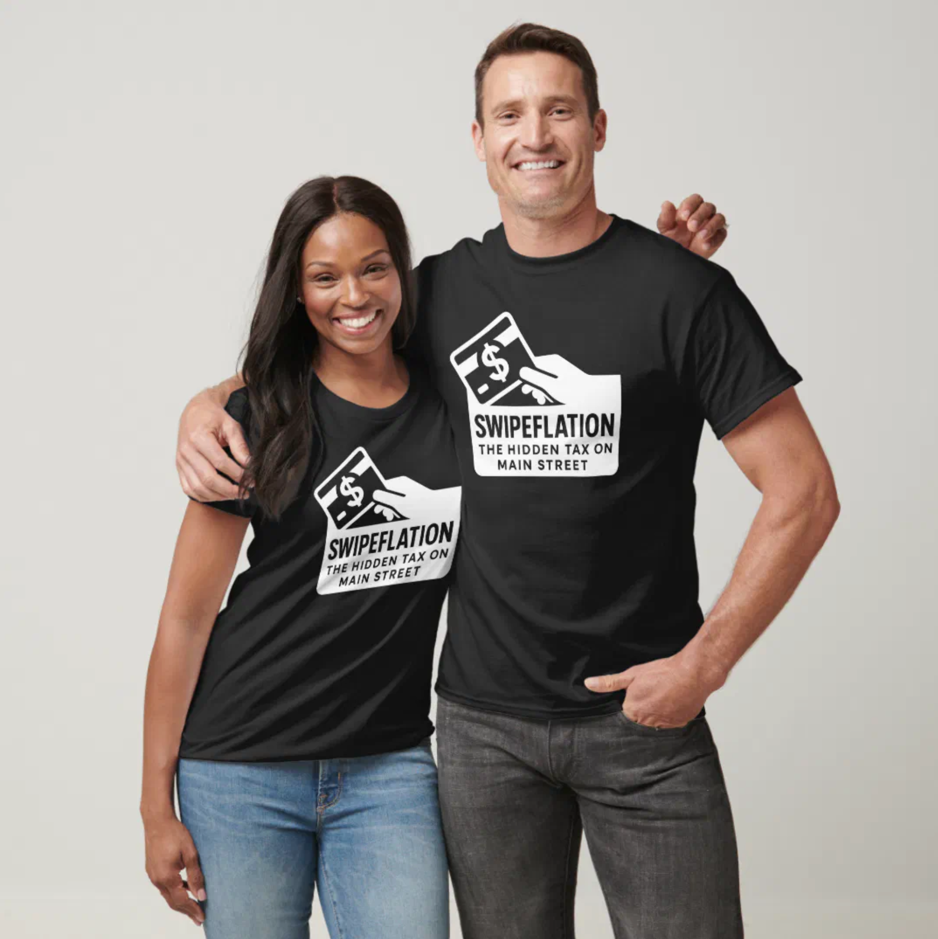 Woman and man wearing black t-shirts. Front t-shirt has 