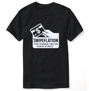 Black t-shirt with a white graphic: hand swiping a credit card labeled 