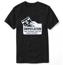 Black t-shirt with a white graphic: hand swiping a credit card labeled