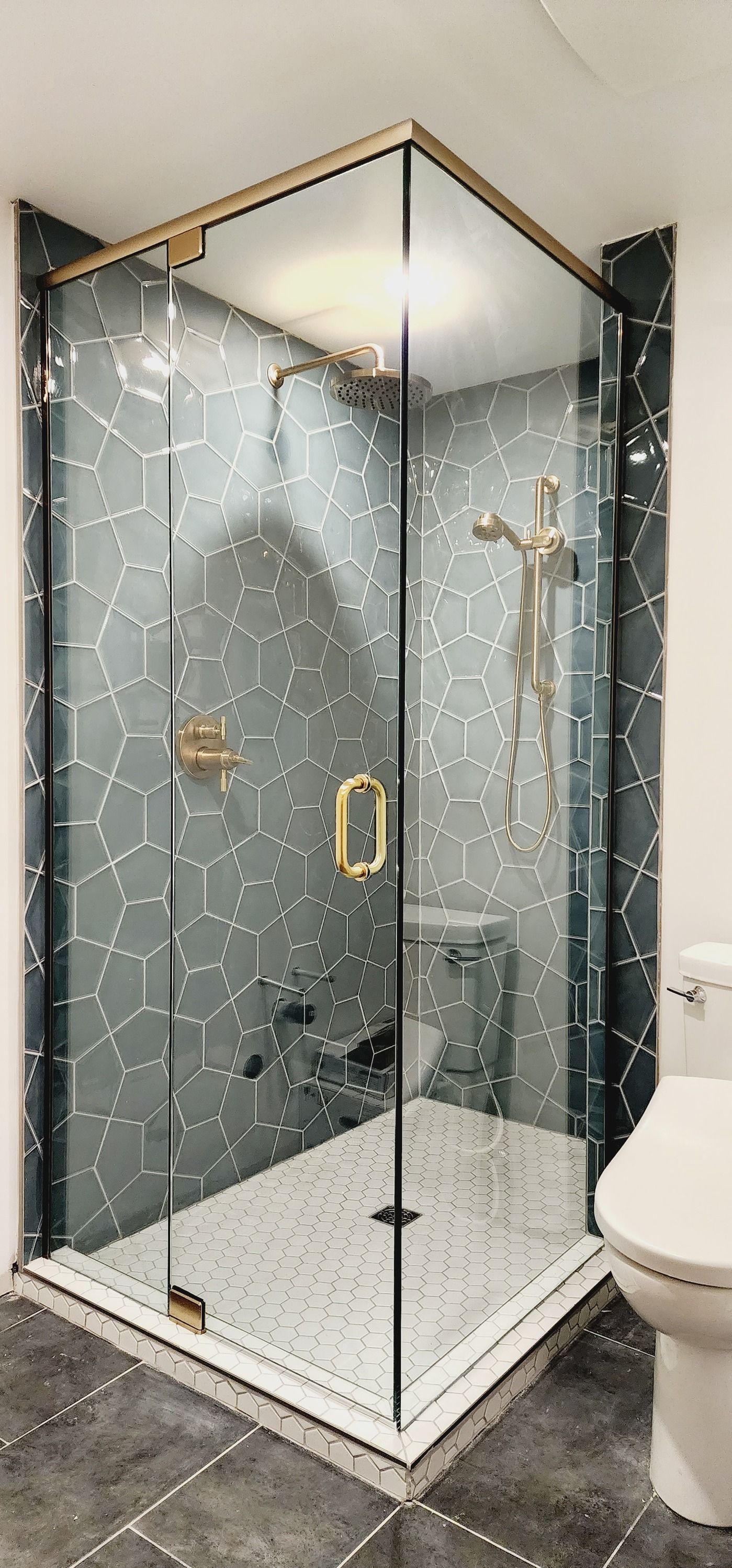 A bathroom with a walk in shower and a toilet.