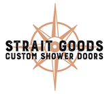 A logo for a company called strait goods custom shower doors.