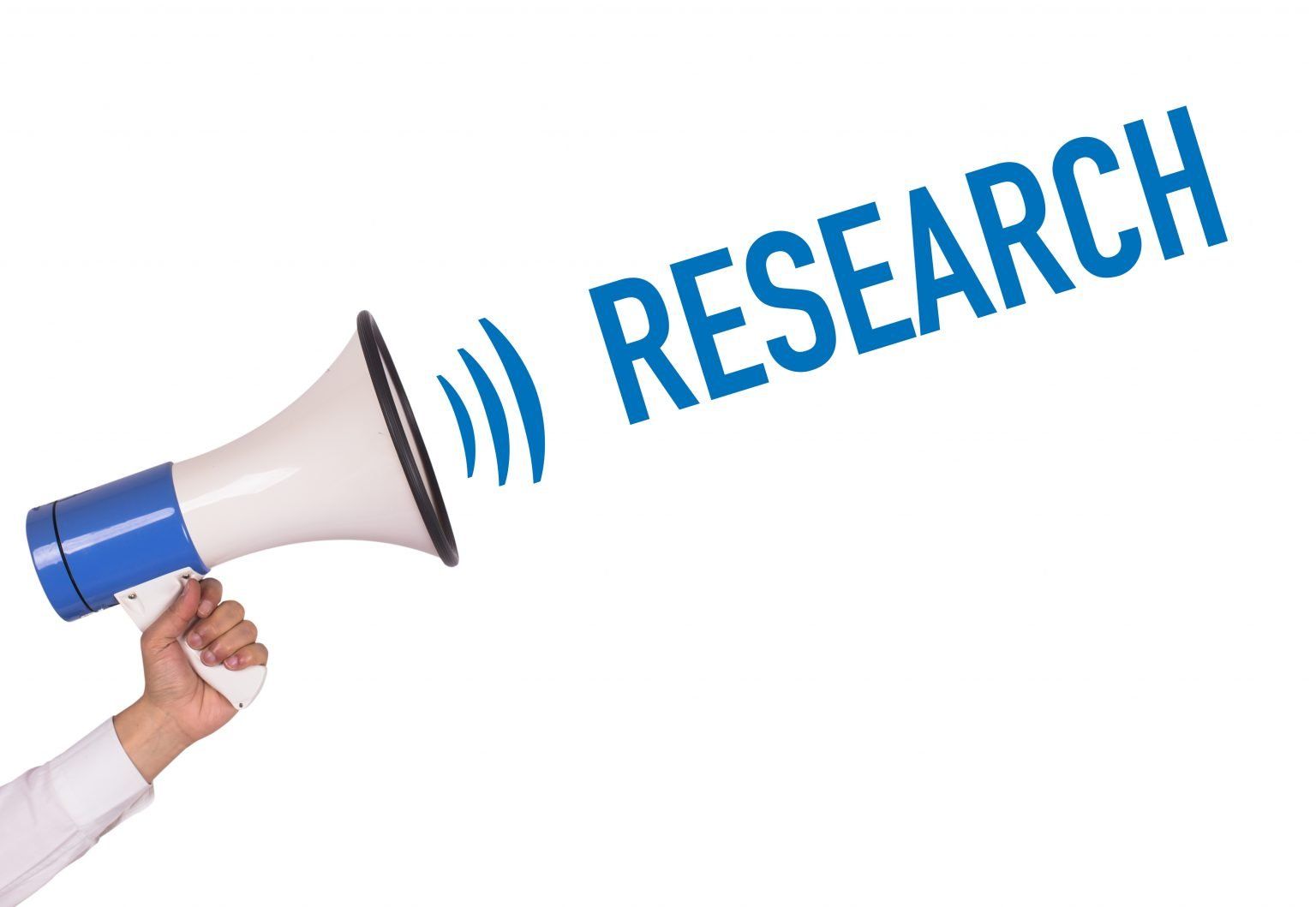 A person is holding a megaphone with the word research written on it.