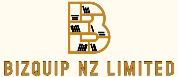 The logo for bizquip nz limited shows a bookshelf with books on it.