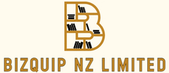 The logo for bizquip nz limited shows a bookshelf with books on it.