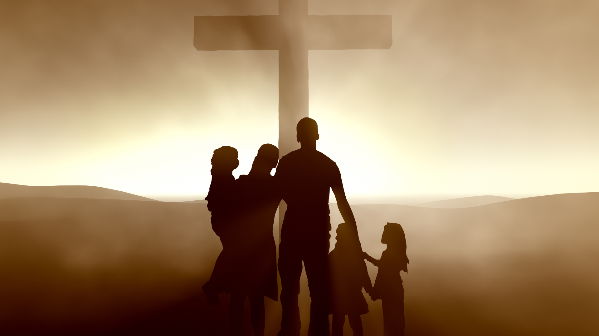 A family is standing in front of a cross