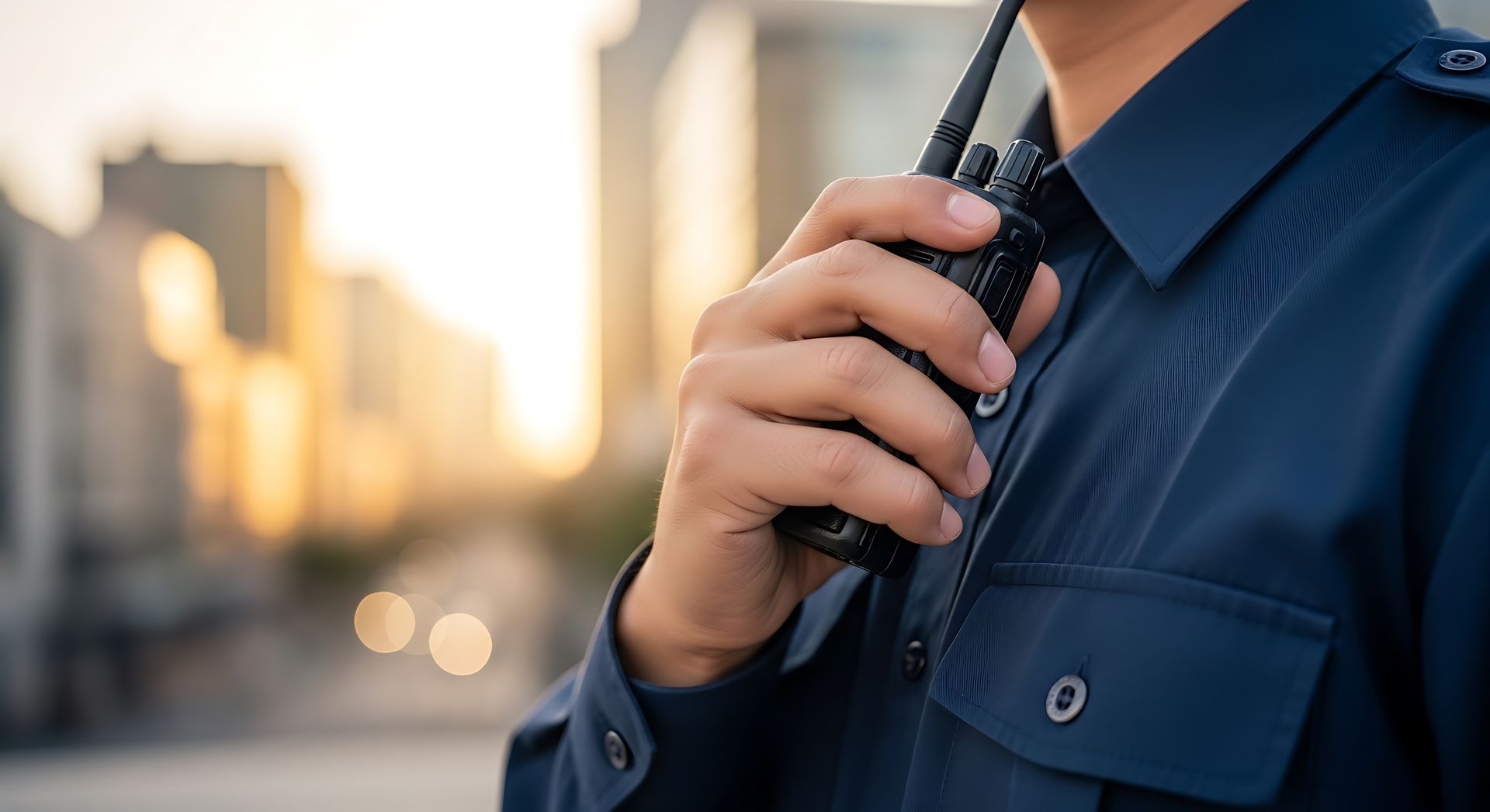 Person in uniform holding a walkie-talkie, likely communicating.