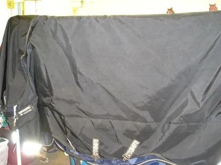 Black horse blanket hanging on a rack with silver buckles.