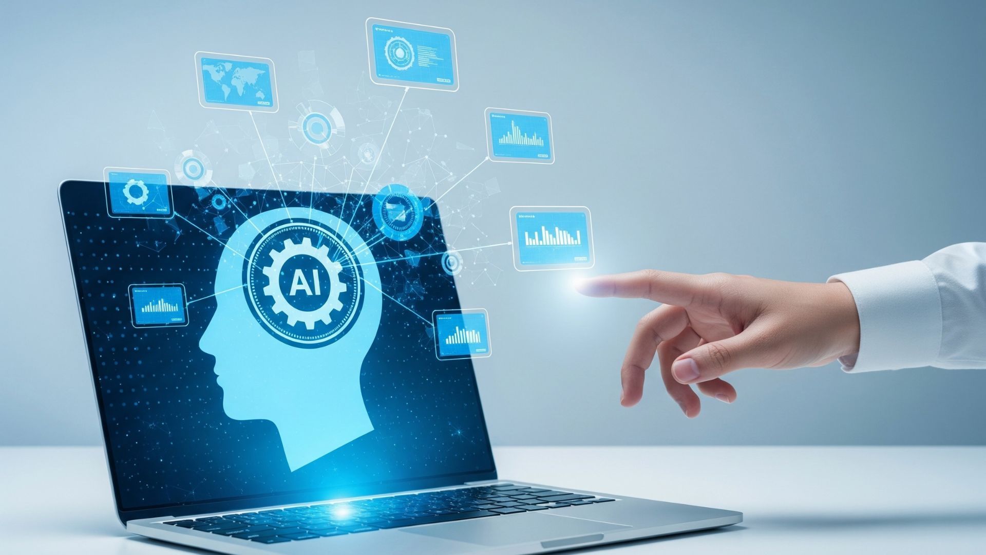 Laptop with AI-themed graphic on screen, hand pointing, surrounded by digital icons on a light background.