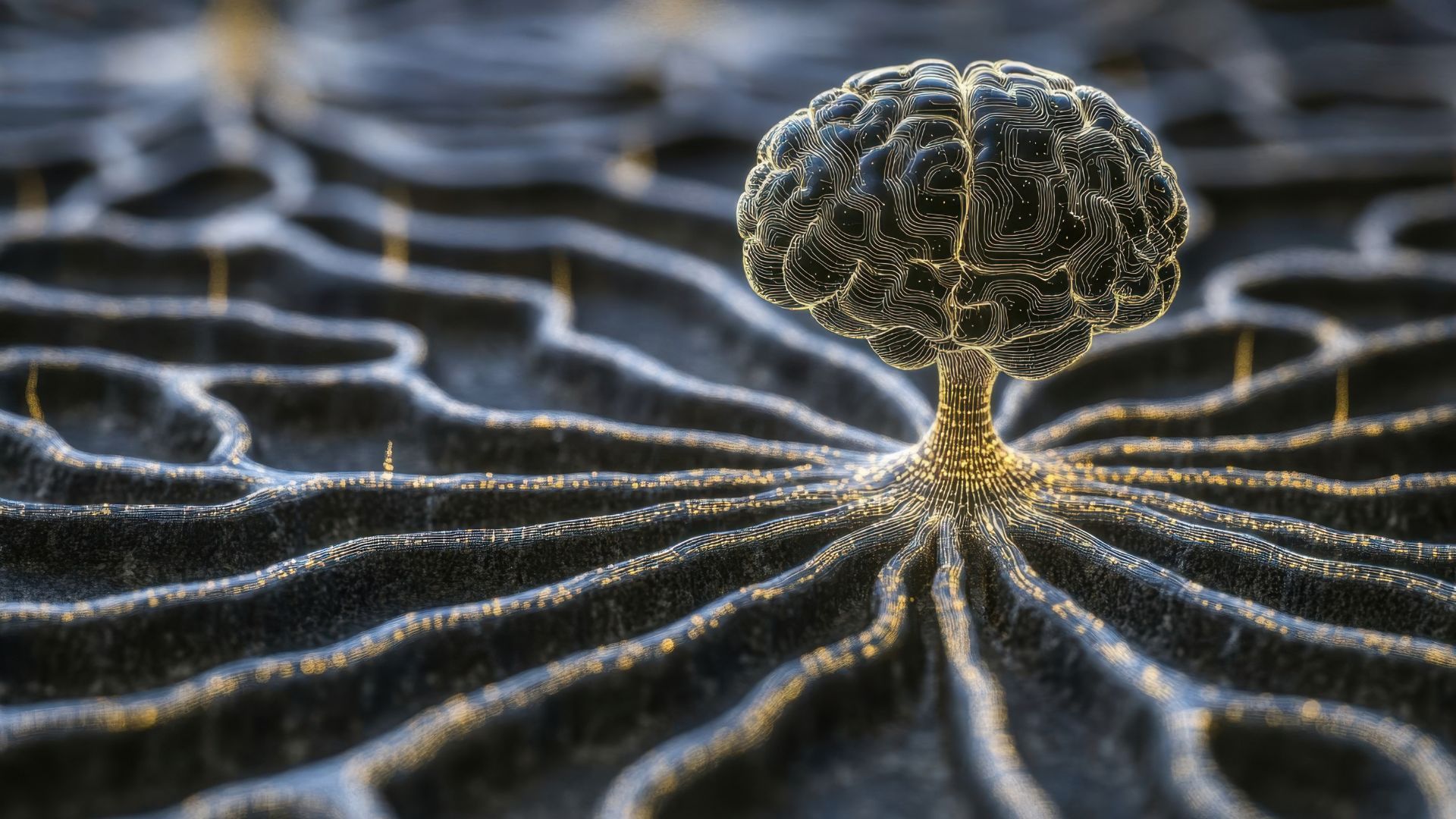 Brain-shaped structure atop branching, interconnected pathways, golden highlights on dark, textured background.
