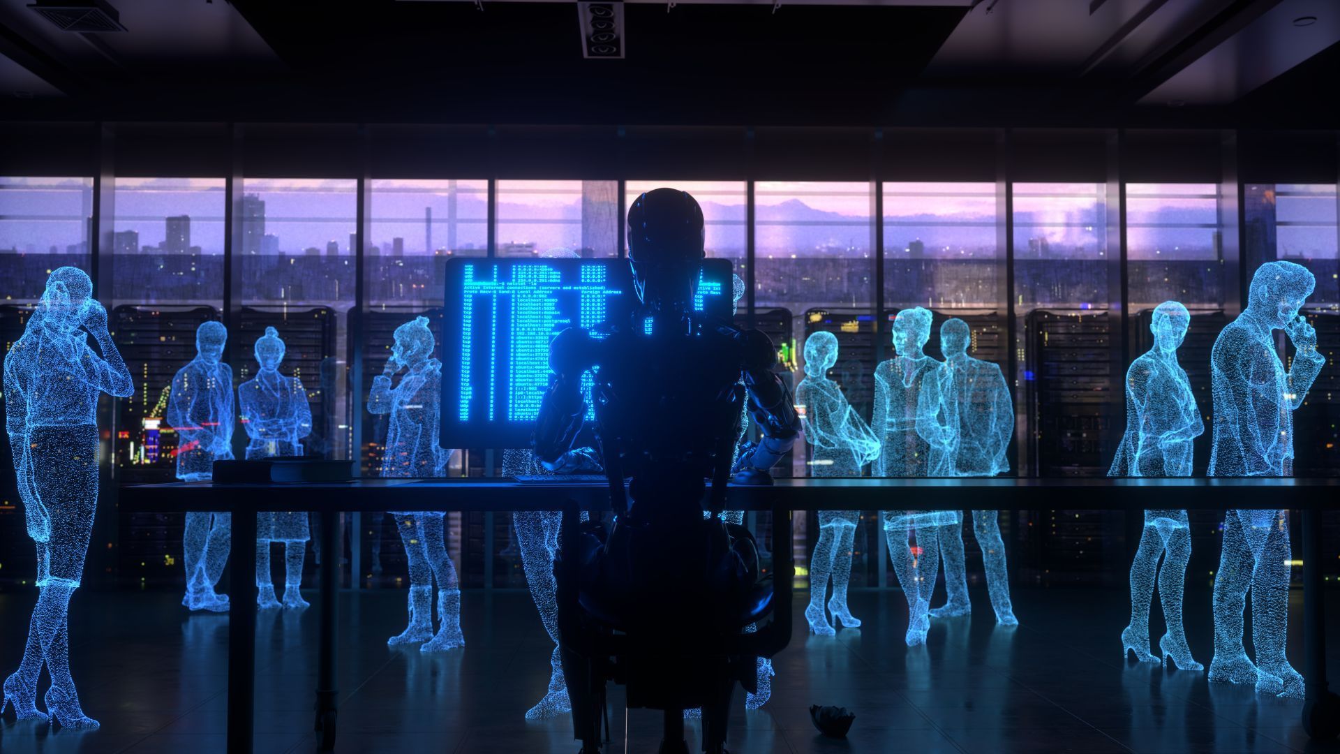 A person in silhouette at a table surrounded by blue holographic figures, overlooking a city at night.