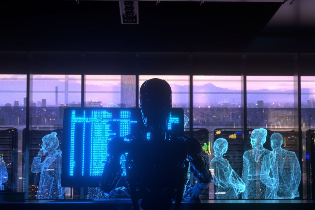 Robot looking at data screen, holograms of people in a futuristic control room with city skyline in background.