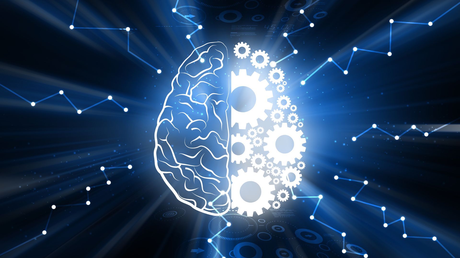 Brain with gears on one side, surrounded by glowing lines and dots on dark blue background.