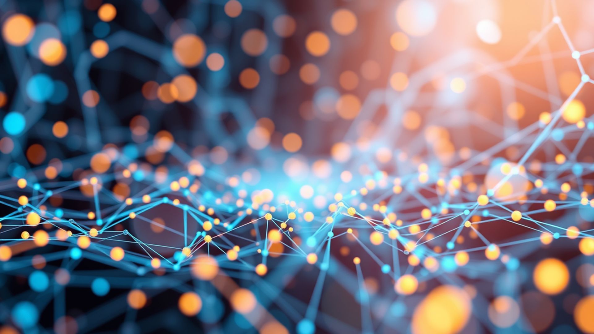 Abstract network of glowing blue lines and orange dots.