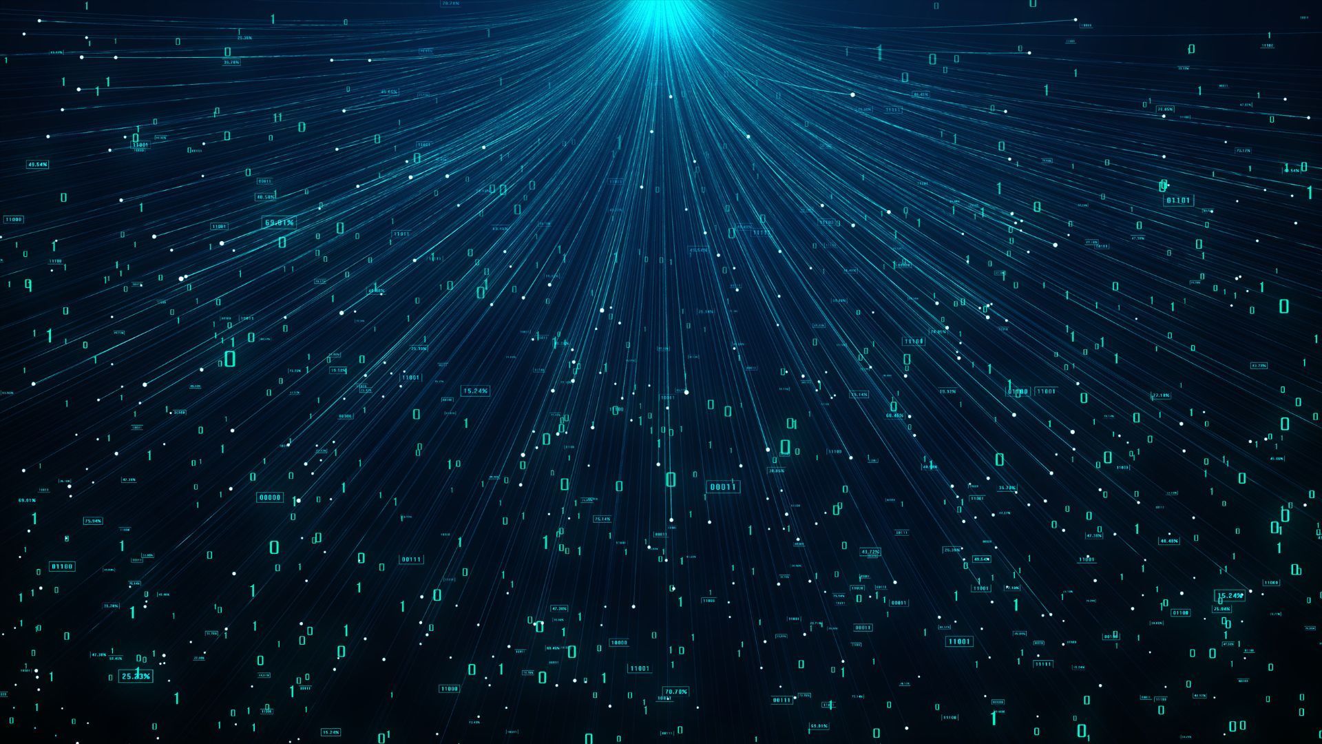 Blue digital data stream flowing upwards toward bright light.