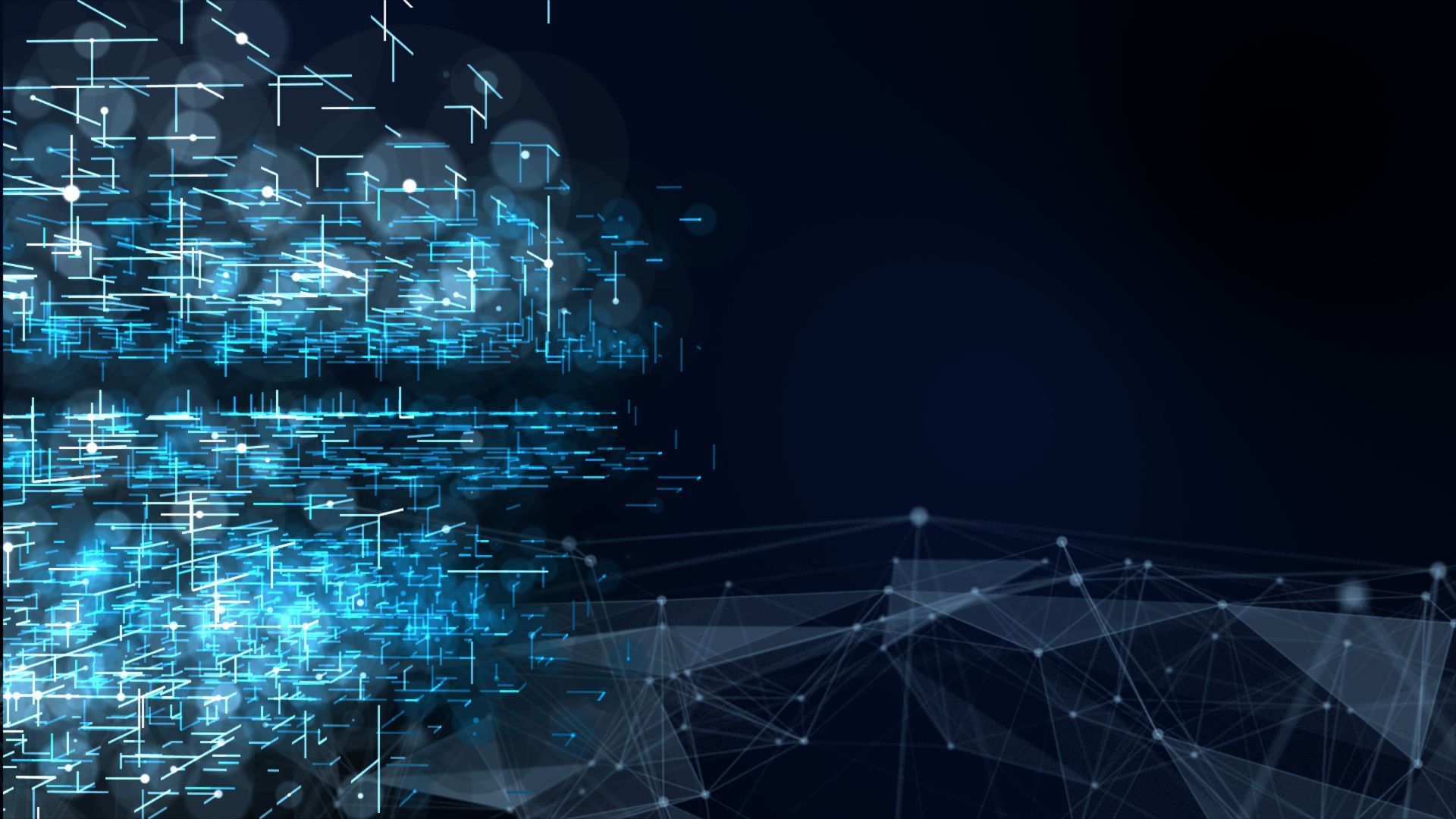 Abstract digital illustration of a network with glowing blue lines and dots on a dark blue background.