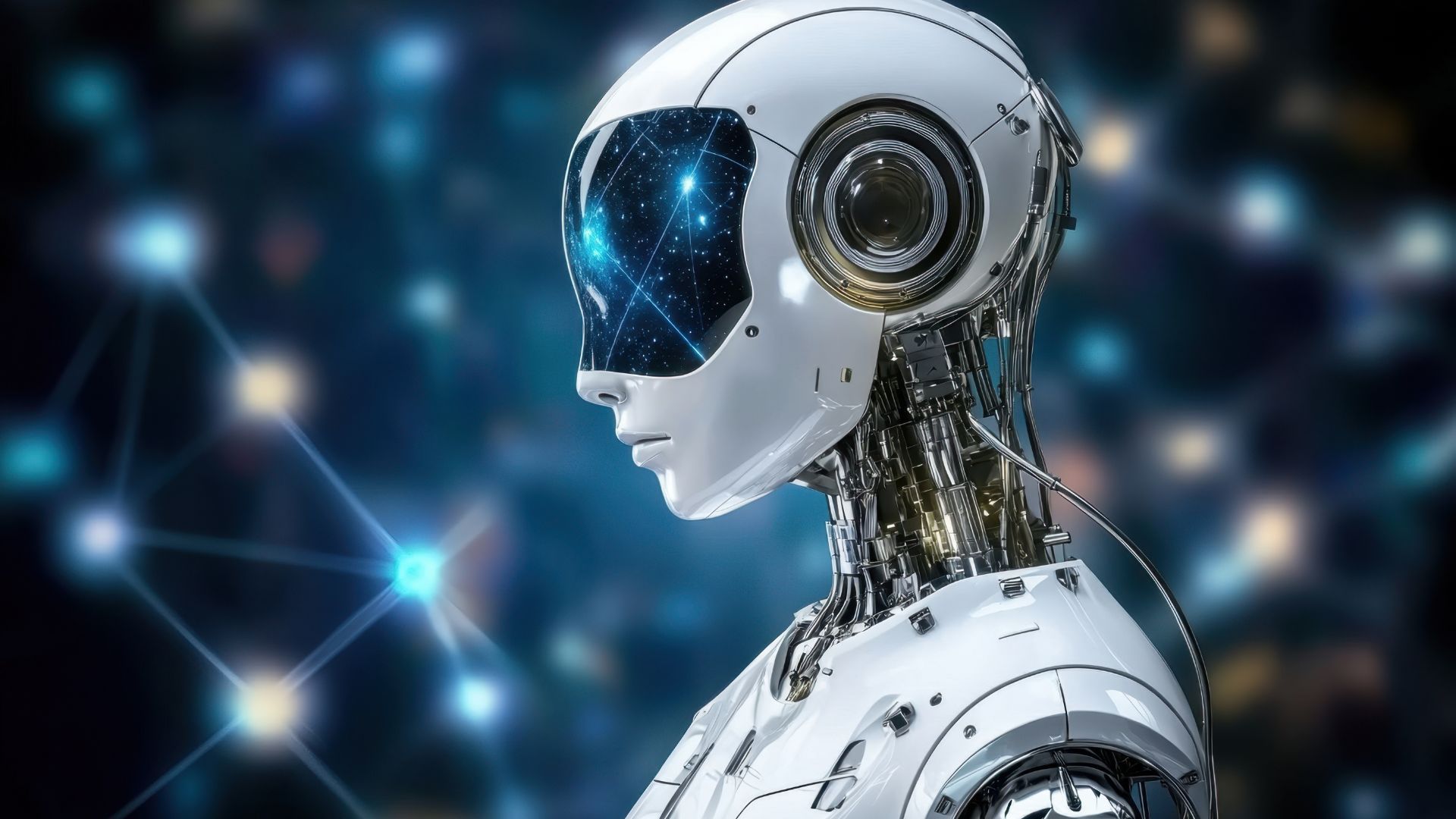White robot head and torso, looking left, with a starry blue visor and metallic details. Dark background with glowing lights.