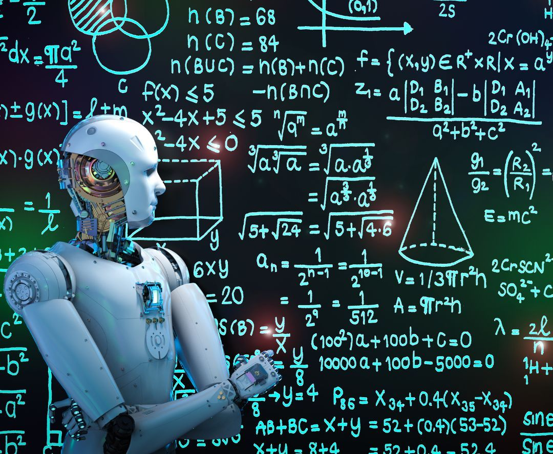 Robot studying complex math equations on a chalkboard.