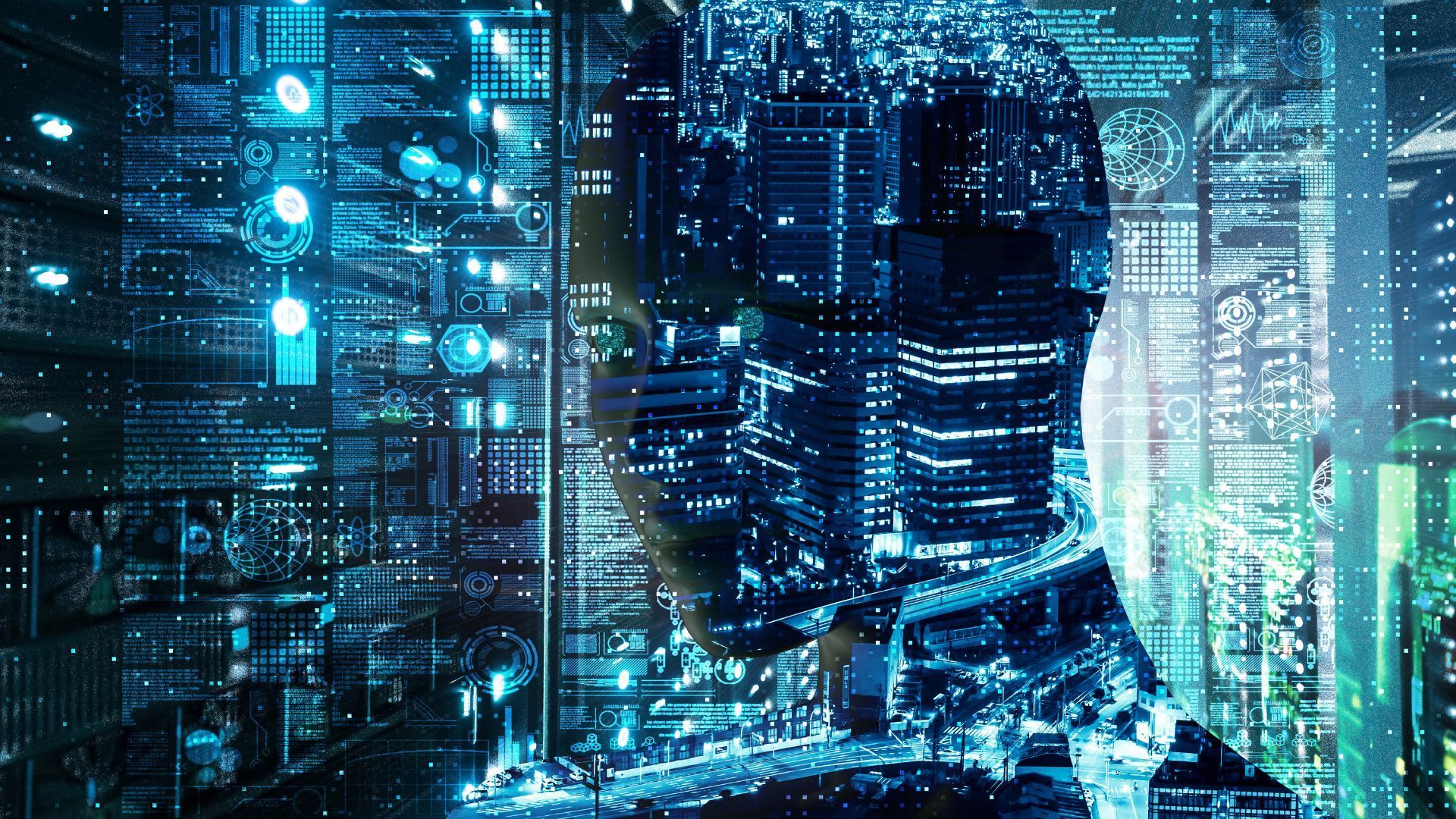 Silhouette of a person overlaid with glowing blue city lights and digital data, representing technology integration.