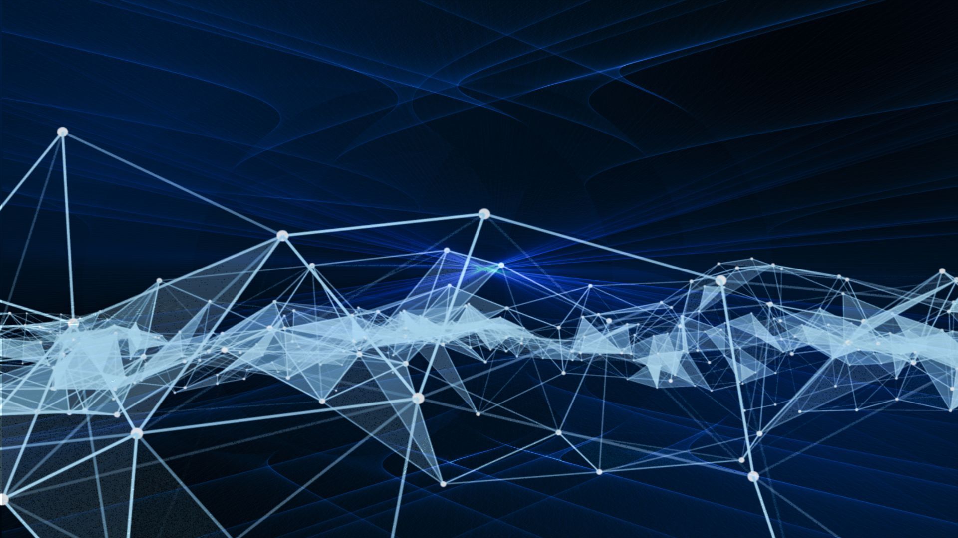 Abstract blue digital network with connected nodes and lines.