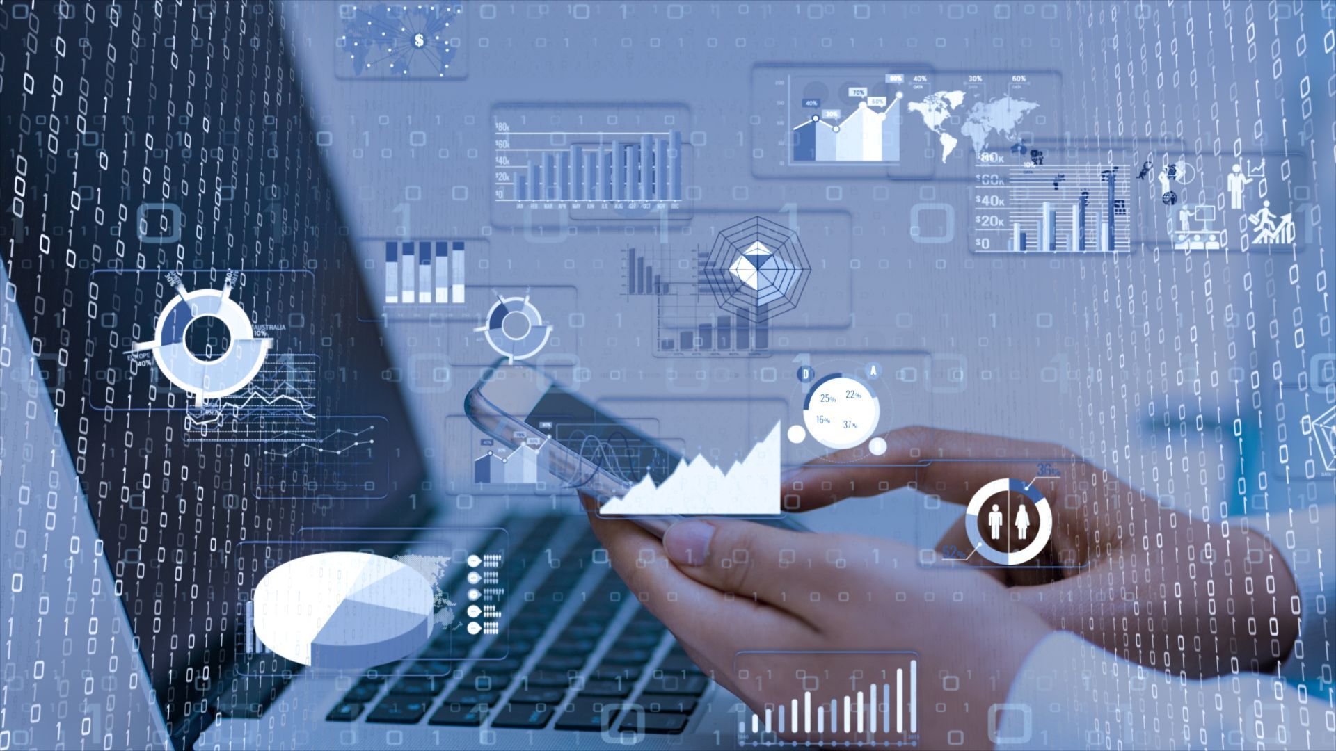 Hands using a smartphone, overlaid with data visualizations and a laptop against a background of binary code.