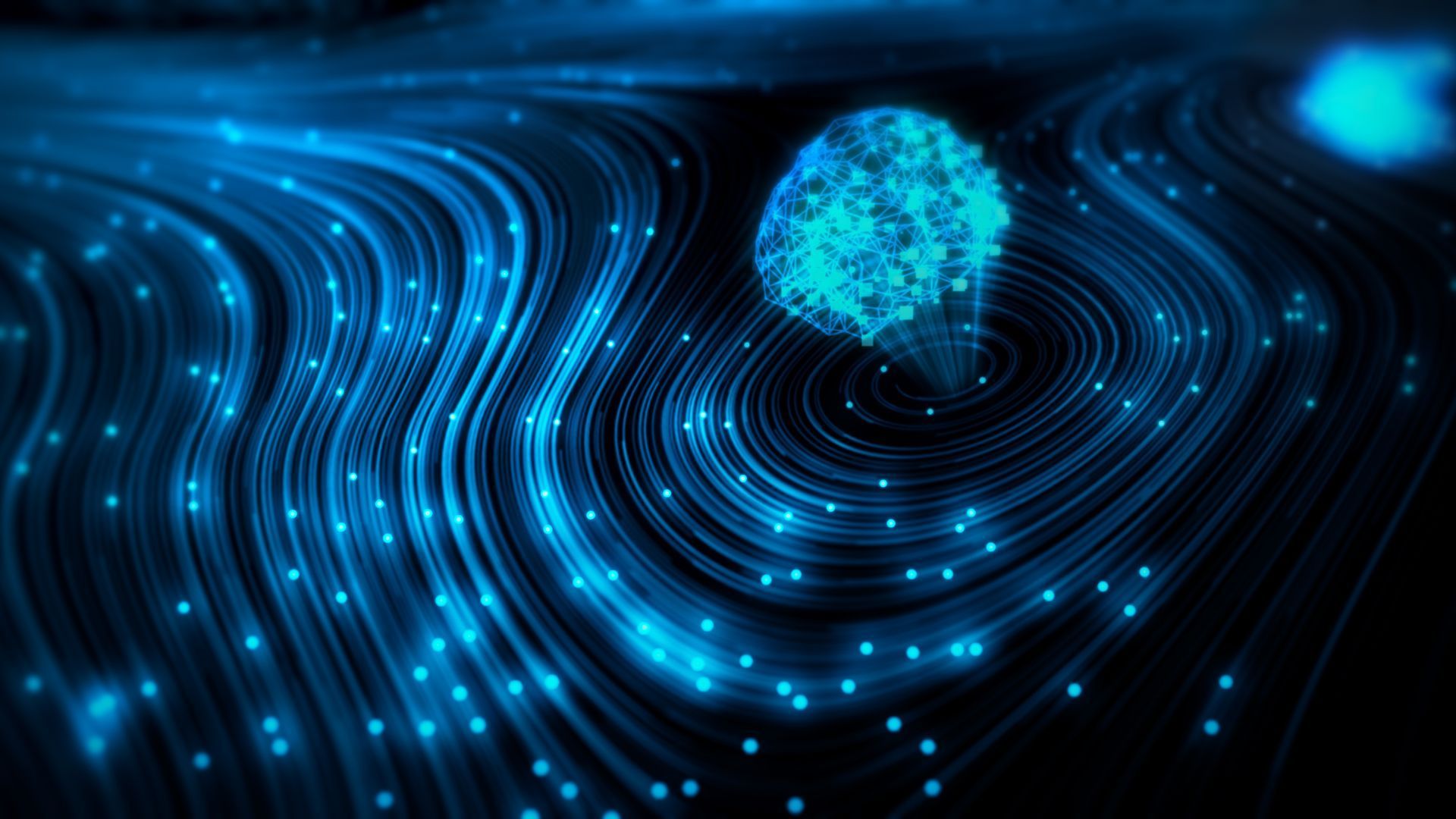 Blue glowing lines swirl around a central, glowing digital brain; representing data flow.