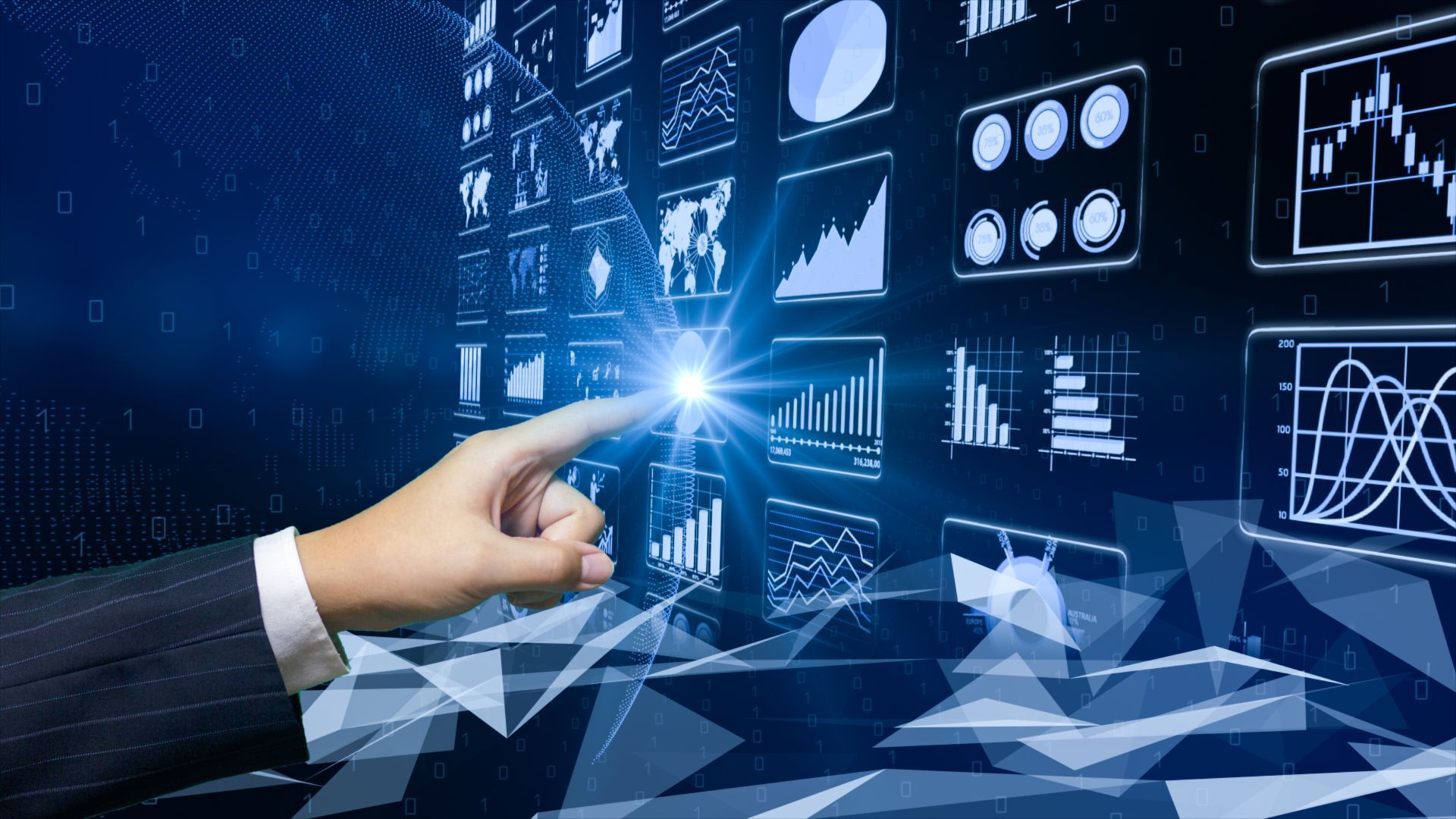Hand touching a glowing data visualization interface with charts, graphs, and a digital effect.
