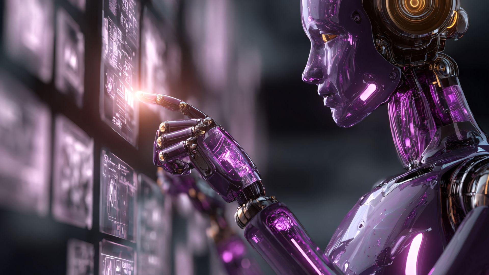 Purple robot interacting with a wall of glowing screens, its finger touching one. Dark setting.