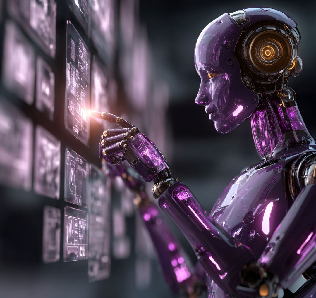 Purple robot interacting with a wall of glowing screens, its finger touching one.