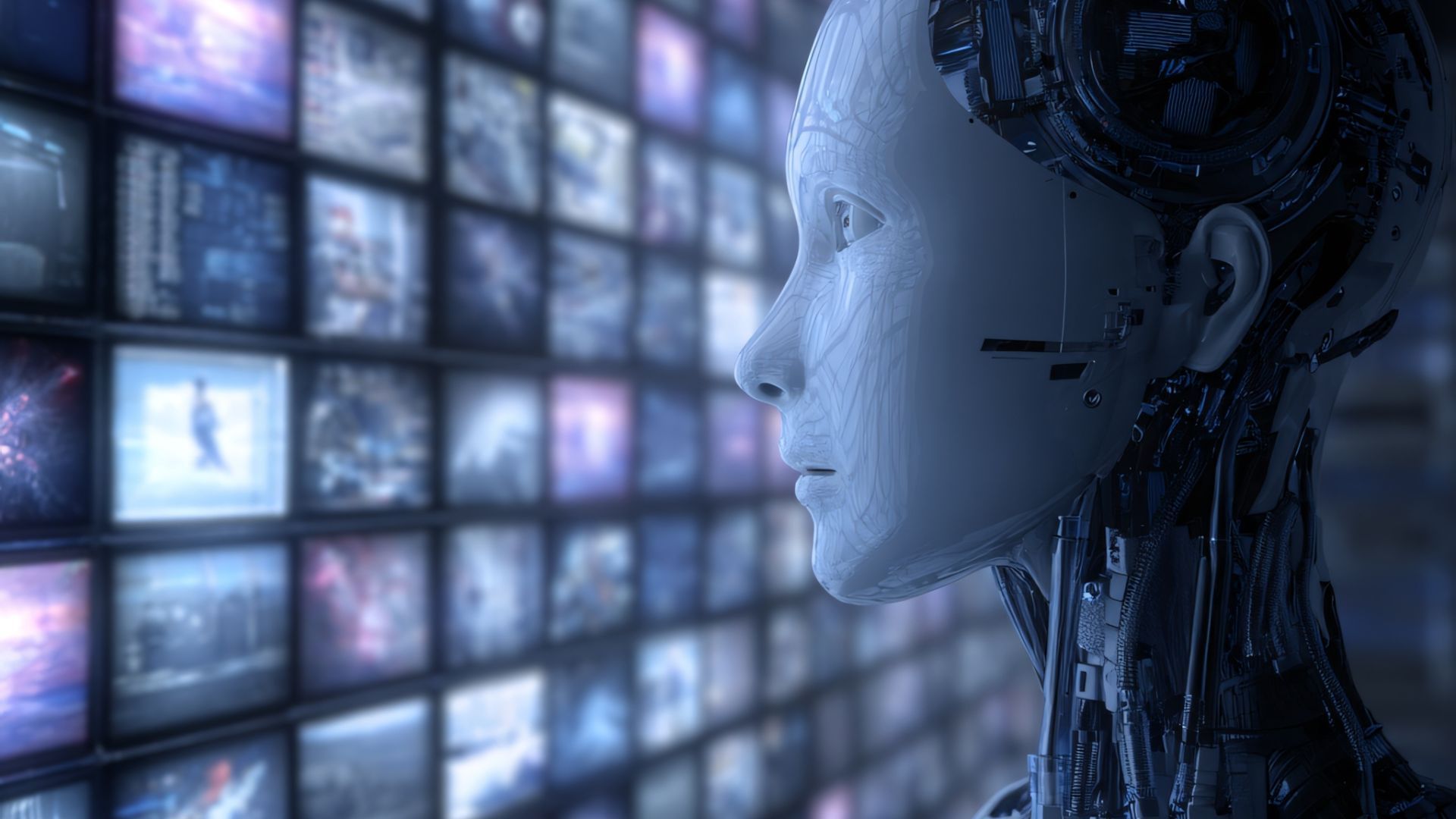 A cyborg observes a wall of glowing screens, in a futuristic setting.