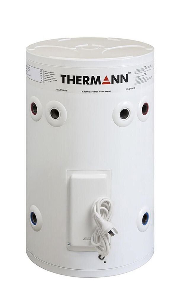 A White Water Heater with a plug in it on a White Background — Plumbers & Gas Fitters in Coconut Grove, NT