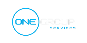 A blue and white logo for one group services