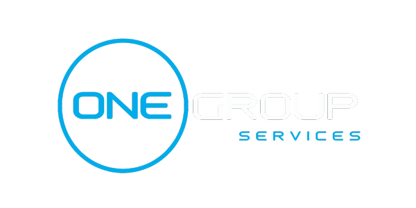 A blue and white logo for one group services