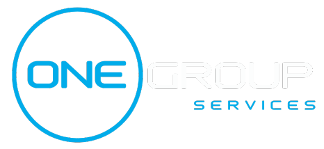 A blue and white logo for one group services