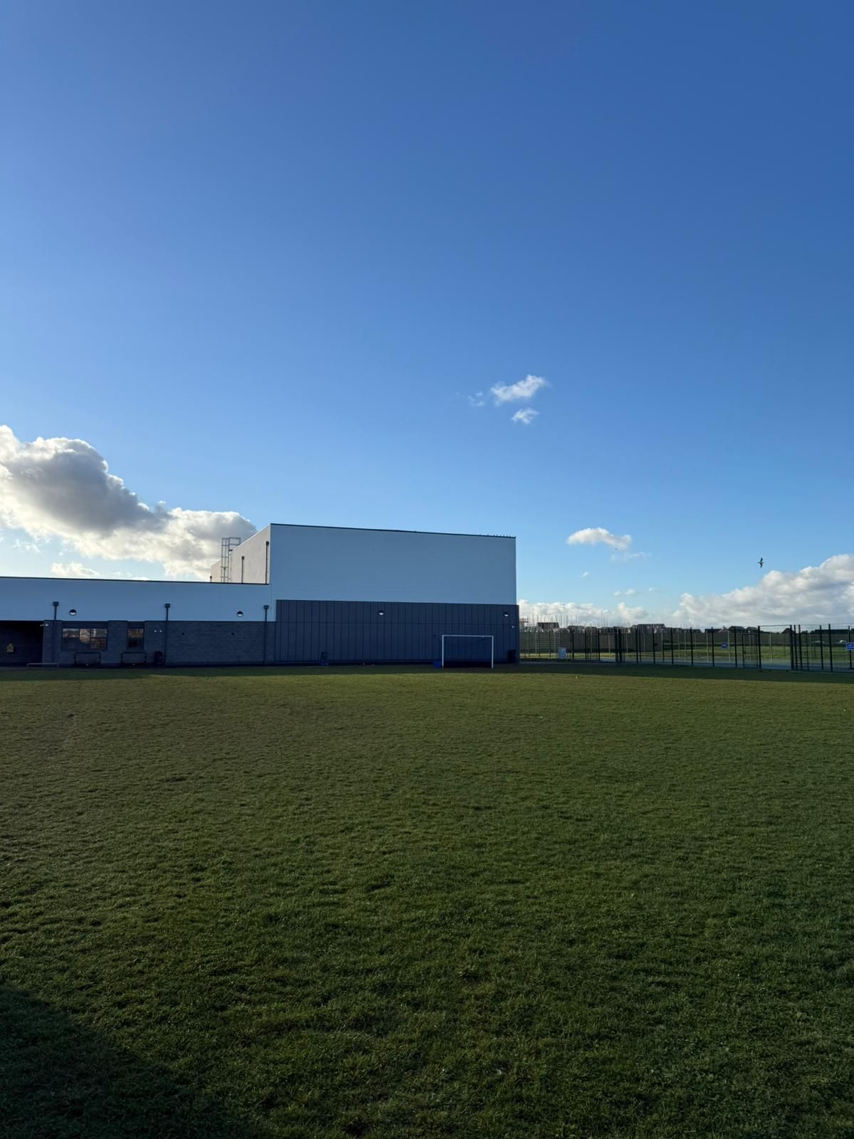 A large grassy field with a building in the background on a sunny day.