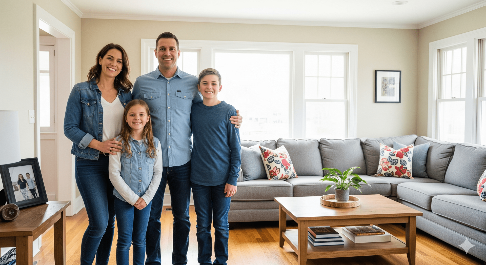 Family of four smiling together in their living room.