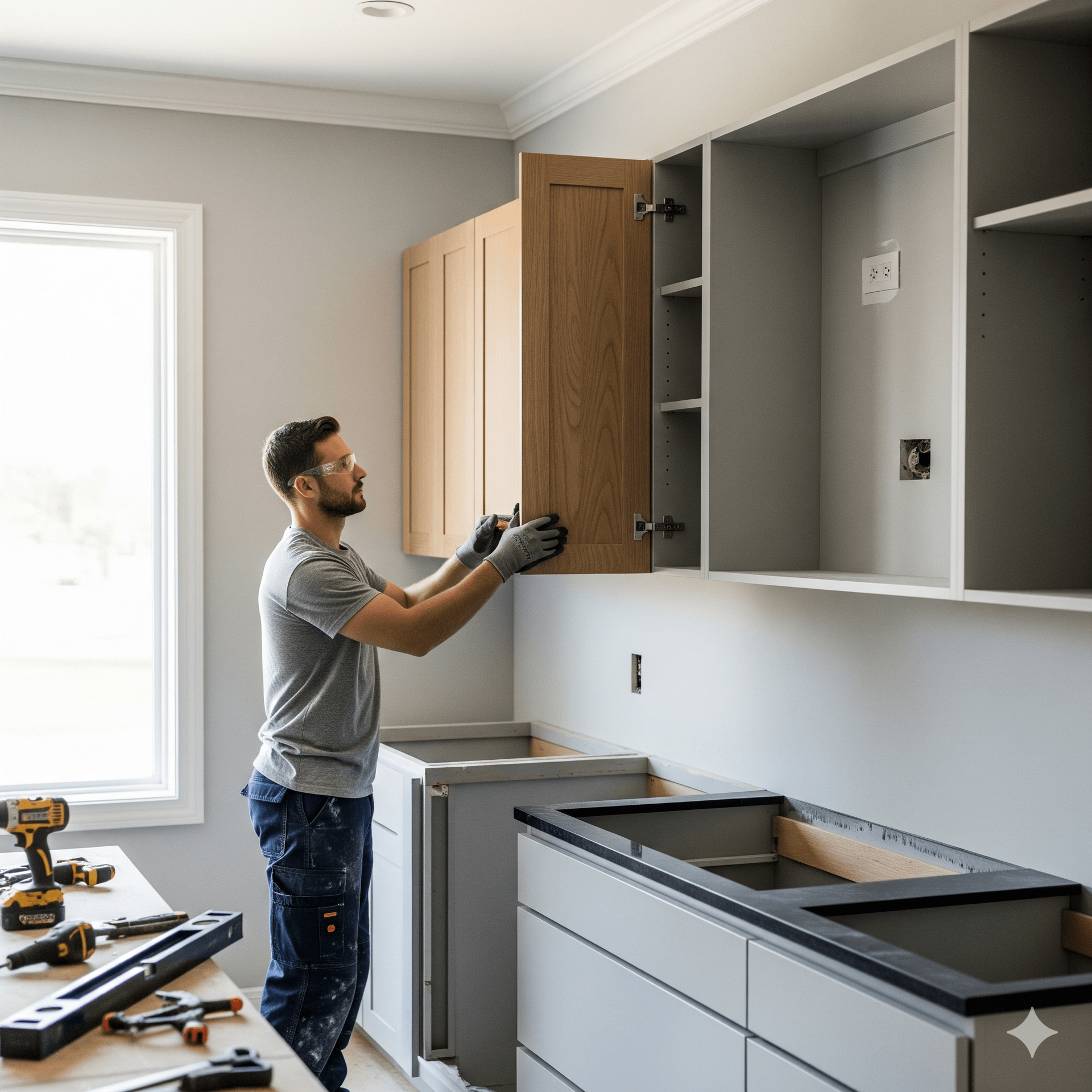Man installing kitchen cabinets in a room under construction.