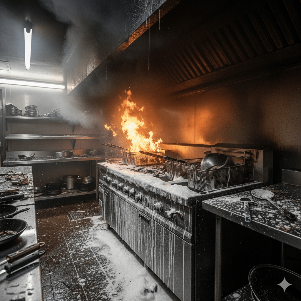 Kitchen engulfed in fire, extinguished with a white substance, pans on stove ablaze, smoke rising.