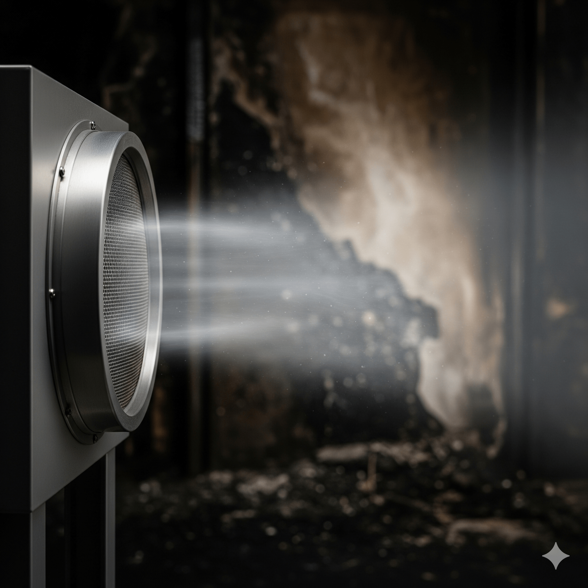 Ventilator blowing air, with a charred interior in the background.